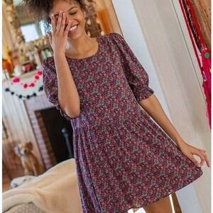 Natural Life Floral Mini Dress M Blue Pink Puff Sleeve Cottagecore Girly Flowy